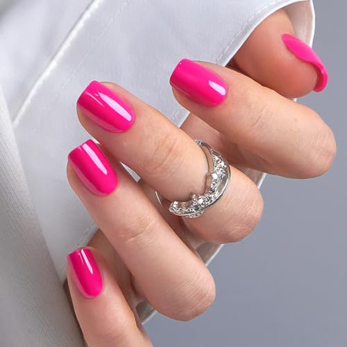CurvLife Short Square Press On Nails, Vivid Gloss Hot Pink, Soft Gel