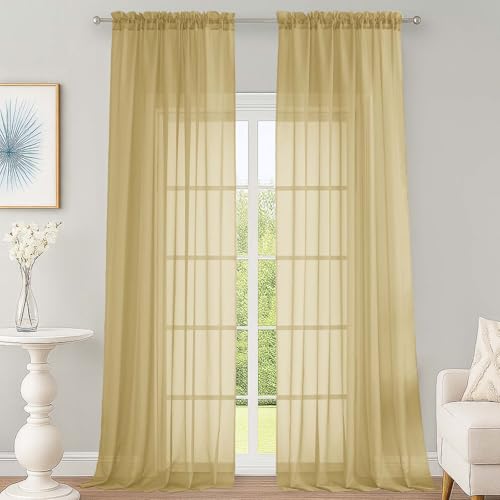 Image of OWENIE Sheer Gold Curtains 108 Inches Long for Living Room Bedroom 2 Panels Set, Lightweight Airy Gold Sheer Curtain, Filmy Voile Rod Pocket, 2 PCS, Each 59 inch W x 108 inch L