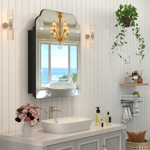 Image of 20 inchx26 inch Black Irregular Recessed Medicine Cabinet Mirror, Frameless Victorian Bathroom Decorative Mirror with Storage, Surface Mount Medicine Cabinets for Bathroom, Full Metal, 2 Removable Shelves
