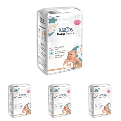 Image of Jr. Sr. Baby Diaper Pants | Medium (M) Size (7-12 kg), 36 Count | Pack of 4 | Upto 12 hr Absorption with Advanced Leak Protection | Safe For Babies Skin | Soft, Secure & Comfy