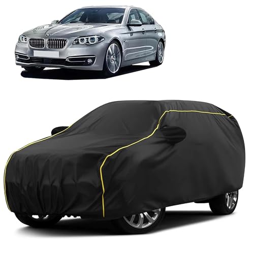 Image of Sulfar 100% Water Resistant Car Body Cover Compatible with Mirror for BMW 525i (Triple Stitched, Full Bottom Elastic, Black Taffeta with Yellow Piping)