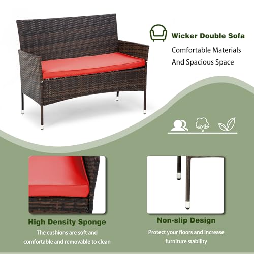 Image of PayLessHere Outdoor Furniture Set 4 Pcs Modular Patio Furniture Set Water Resistant Conversation Set with 3 Rattan Chairs 1 Tempered Glass Topped Table for Patio Poolside, Brown Wicker /Red Cushions