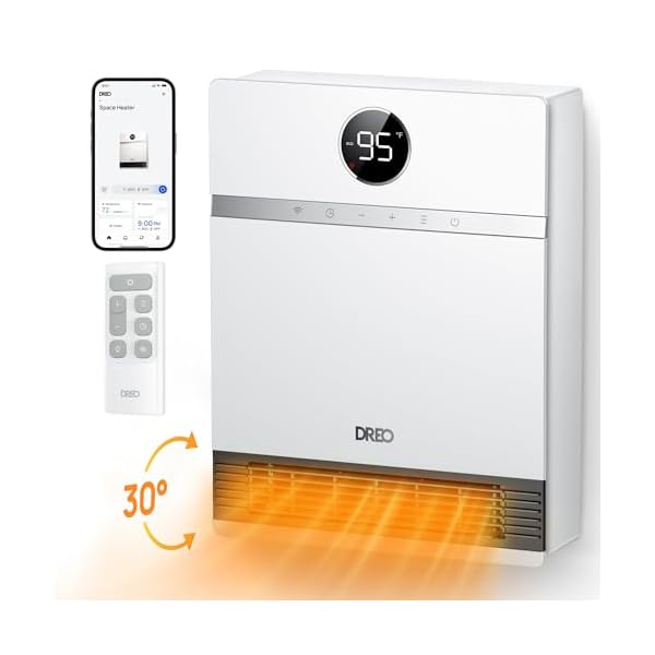 Dreo Smart Wall Heater, IP24 Electric PTC Space Heater for Indoor Use, 30° Oscillation, Adjustable Thermostat, Remote Control, Works with Alexa, 24H Timer, Easy-mounted Heater for Bedroom, Office