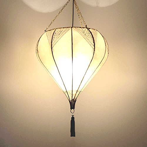 Orientalische Lampe Pendelleuchte Hängeleuchte Amir Natur Farbe Weiß 48x95 cm Groß (DxH) Lederlampe Hennalampe Lampe…