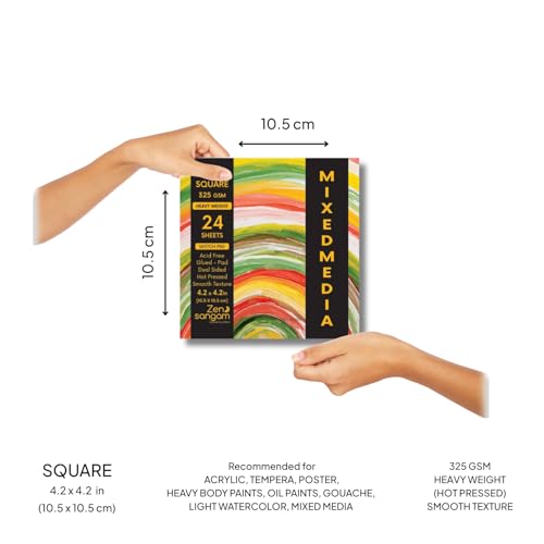 Image of Zen Sangam Artists' Square Heavy Weight Mixed Media Glued Sketch Paper Pad - 325GSM, Hot Pressed - 24 Sheets - Smooth Texture Surface (10.5x10.5cm) Heavy-body Paints,Calligraphy and BrushPen Lettering