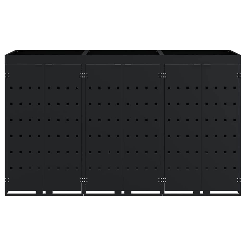 Mülltonnenbox für 3 Tonnen, Mülltonnenverkleidung für 3 Behälter Schwarz, 204 x 77,5 x 121,5 cm, aus pulverbeschichtetem Stahl mit Pflanzen-Dach, erweiterbares belüftetes Design