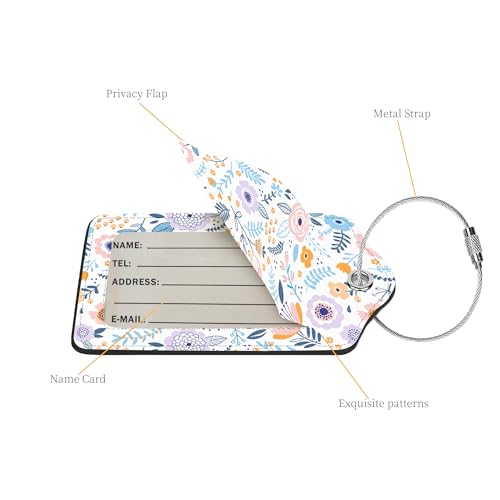 2 Pcs Luggage Tags for Suitcase, Cute Unique PU Leather Travel Bag Tag with Privacy Cover ID Label Address Card and Durable Metal Ring Suitable for Men Women Children Backpack,Colorful Flowers A3