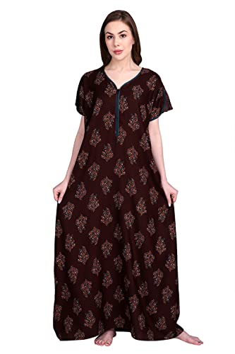 Image of Women's Alpine Botanical Leaves Print Maxi Nightgown with Pocket