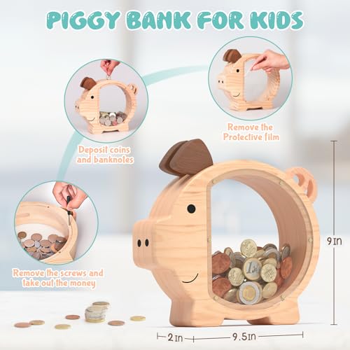Image of Piggy Bank for Kids Boys,Natural Kids Piggy Bank with Creative DIY Stickers