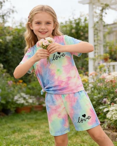 Image of Kids Girl Clothes Tie Dye Heart Print Short Sleeve Top and Shorts Toddler Girl Summer Outfits Short Set