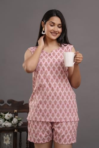Image of Women's Cotton Printed Night Suit Set of Top & Shorts Sleeveless Women's Lounge Wear Set
