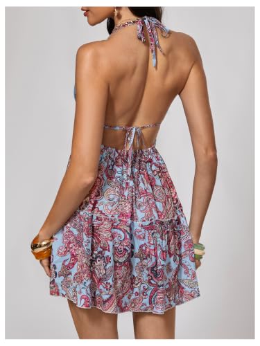 Image of SOLY HUX Women's Summer Boho Paisley Print Halter Dress Deep V Neck Tie Backless Sleeveless Mini Dresses Sundress