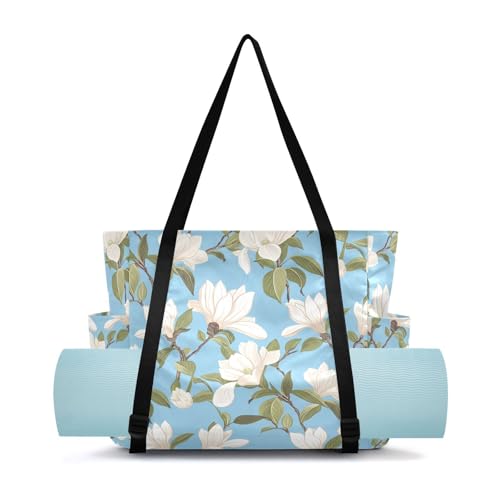 Lxqimora Magnolias Pure Light Blue Yoga Mat Bag for Women Water-Resistant Gym Bag with Yoga Mat Holder Tote Bag for Pilates Gym Yoga Travel