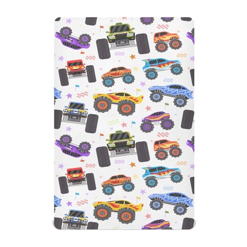 Crib Sheets for Boys Girl Cartoon Monster Trucks Breathable Mini Crib Mattress Sheets Fitted,Toddler Baby Sheets for Crib Mattress Soft & Breathable 39 * 27 * 5In