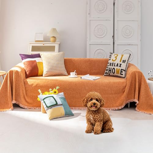 VClife Couch Cover, Pet Sofa Cover Washable, Retro Vintage Style Orange Couch Covers for 3 Cushion Sofa, Thick Soft Couch Slip Covers for Couch Multi-Functional Furniture Protector, 71"X134"