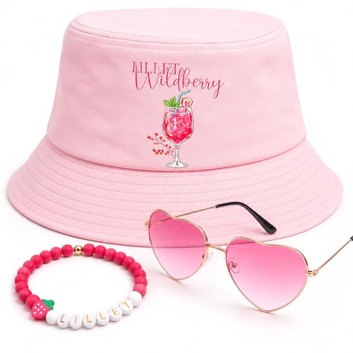 3-tlg. Party-Set Damen Fischerhut Herz-Sonnenbrille & Perlenarmband