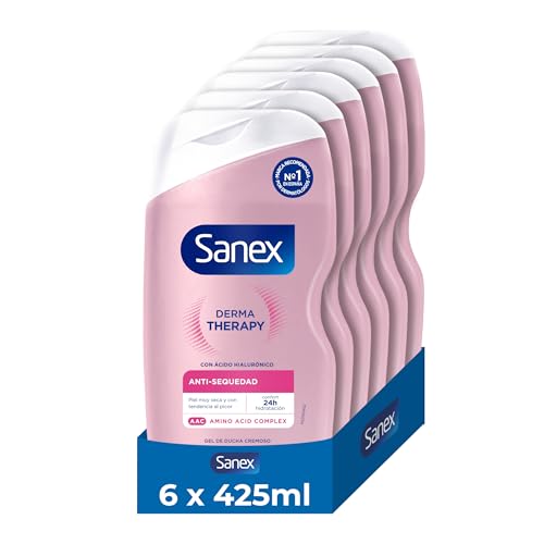 Sanex Derma Therapy Anti-Sequedad Gel de Ducha Cremoso, 6 x 425ml | gel de ducha para piel seca | alivia la sequedad y reduce el picor | complejo de aminoácidos con ácido hialurónico | 0% sulfatos**