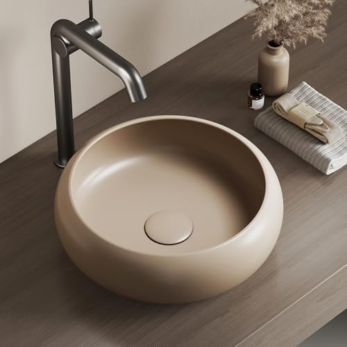 EMKE Vasque à Poser, Lavabo Rond en Céramique, 36 x 36 x 12 cm, Montage sur Comptoir,Beige Mat, Idéal pour Salle de Bain et WC Invités
