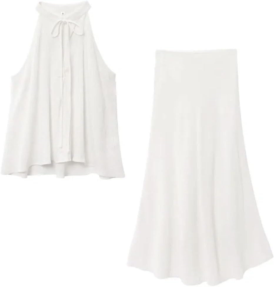 Women's Spring 2-Piece Set - Pleated Midi Skirt and Lightweight Sleeveless V-Neck Tops with Tie Casual Outfit