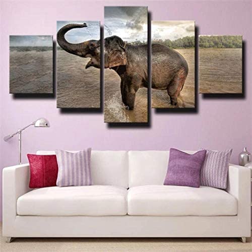 Tableau Multi Panneau 5 Parties Decoration Murale Éléphant Jouant Dans L'Eau Imprimé Sur Toile 5 Pièces Hd Peinture Affiche Mur Art Moderne Motif Peinture...