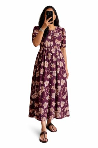Image of Women's Cotton Blend Maxi Midi Dress Western Dress for Women Elegant Floral Printed Long Dresses