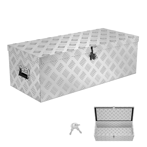Aufun Truckbox - Boîte de rangement - 60 l - En aluminium - Pour voiture, remorque, camion, véhicules utilitaires - Caisse à outils - À sangle - Argenté - 76 x 33 x 24,5 cm