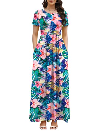 Image of COSSEN Women's Crew Neck Short Sleeve Maxi Dress with Pockets Casual Loose Swing for Wedding Guest Beach Vacation