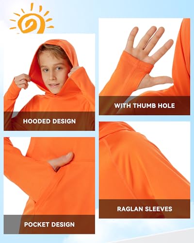 Image of Boys Rash Guard Long Sleeve Hoodie Swim Shirt with Pocket Youth Kids UPF 50+ Sun Protection Fishing Shirts Thumb Hole