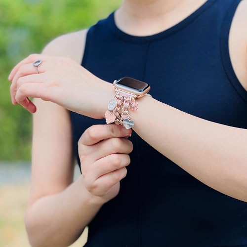 Bracelet Band with Cute Charm Compatible for Apple Watch 38mm 40mm 41mm 42mm (S11/10) Women, Cuban Chain Strap for iWatch Series 11 10 9 8 7 6 5 4 3 2 SE, Pink&Rose Gold - image 5