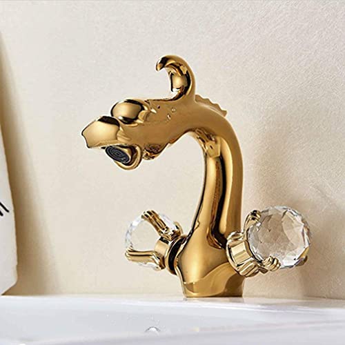 SENWEI Robinet de lavabo de Bain monté sur Pont chromé ou Poli doré Mélangeur Chaud et Froid Deux poignées en Cristal Un Trou Double poignée rétro