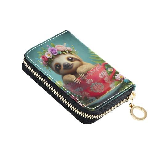 Cute Card Holder RFID Blocking Wallet for Women Zip Around Small Coin Purse Wallet with Zipper Cute Sloth Cup Animal