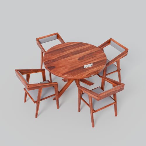 Image of ONIJA Solid Sheesham Wood 4 Seater Dining Table Set with Cushioned Chairs for Dining Room | Living Room | Home & Office | Hotels Restaurant & Cafe (4 Seater, Honey Finish)