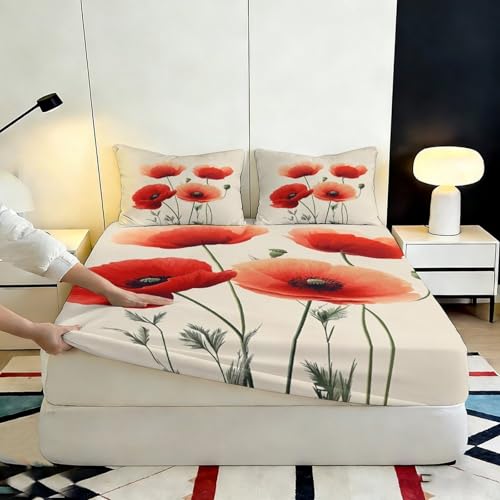 Drap-housse coquelicot 140x200 microfibre antidérapant grand bonnet