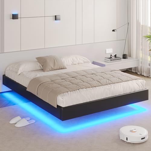 DICTAC Floating Full Bed Frame with LED Lights Modern Upholstered Platform Bed Frame Full Size no Headboard Faux Leather Full Led Visual Floating Bed,No Box Spring Needed, Easy to Assemble,Black
