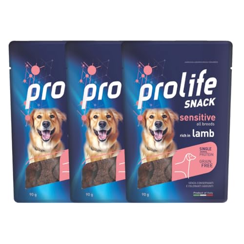 3 Prolife Snack Sensitive Grain Free Agnello - Alimento complementare ricco in Agnello per cani adulti di tutte le taglie - Snack Monoproteico e senza Grano - 90 gr