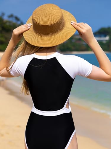 OYOANGLE Girl's Colorblock Zipper Front Cut Out Waist Sports Athletic One Piece Swimsuit Swimwear2