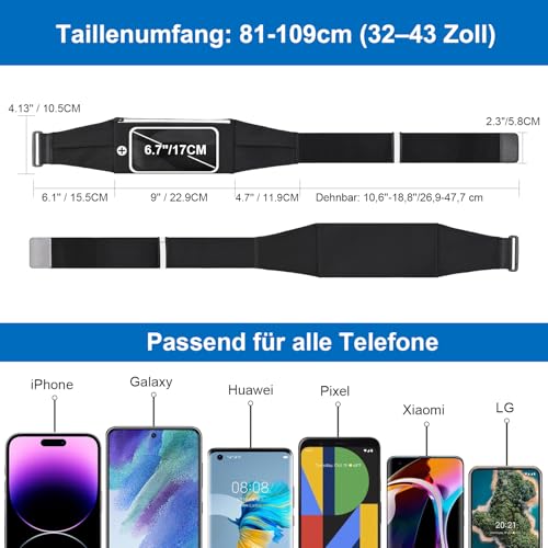 Razobws Laufgürtel Handy, Handytasche Joggen mit Verstellbarem Gummiband Running Belt für Laufen Sport Fitness Laufgurt Joggen für Handy unter iPhone Samsung mit 6,8 Zoll Touchscreen