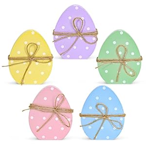 Whaline 5Pcs Easter Egg Wooden Table Decor Polka Dots Egg Table Centerpieces Cute Spring Easter Standing Egg Wood Signs Easter Tiered Tray Tabletop Decoration with Rope for Home Party Decor