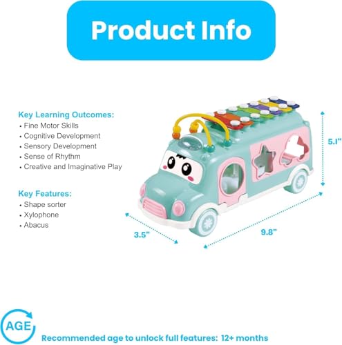 Image of LONGMIRE Plastic Musical Happy Bus Toy Baby Toys 6-18 Months with Xylophone & Shape Sorter Push & Pull Educational and Learning Toys for 1 2 3 4 5 Year Old Gift for Toddlers-Blue
