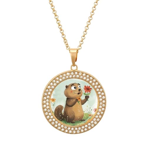HETPLSD Elegant Diamond Necklace for Women, Groundhog Holding Flower Pendant 1.3" with 20" Chain, Charm Necklace Jewelry Gift