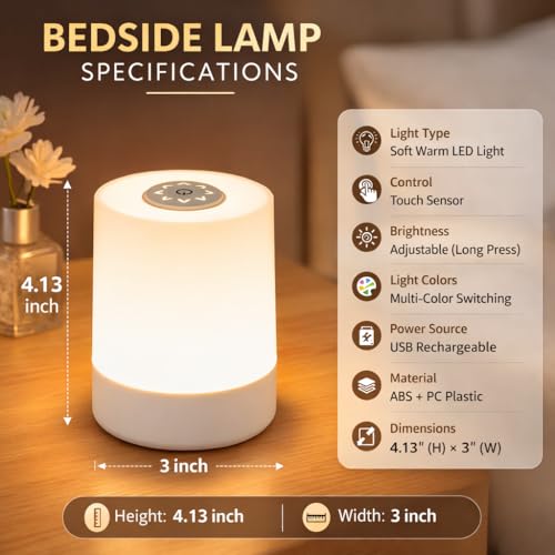 Image of One94Store Touch Control LED Table Lamp - USB Rechargeable, Touch Control Night Light with 3-Color Dimmable Brightness for Bedroom, Living Room & Study (White, Pack of 1)