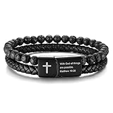 Men's Cross Bracelet for Men : Inspirational Bible Verse Leather Wristband Bracelets Christian Catholic Religious Jewelry Christmas Gifts Ideas for Man,With God All Things are Possible,Medium