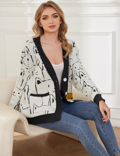 Image of Gihuo Women Cat Sweater Oversized Cute Kawaii Cardigan Knit Graphic V Neck Loose Fit Long Sleeve Cardigan Coat