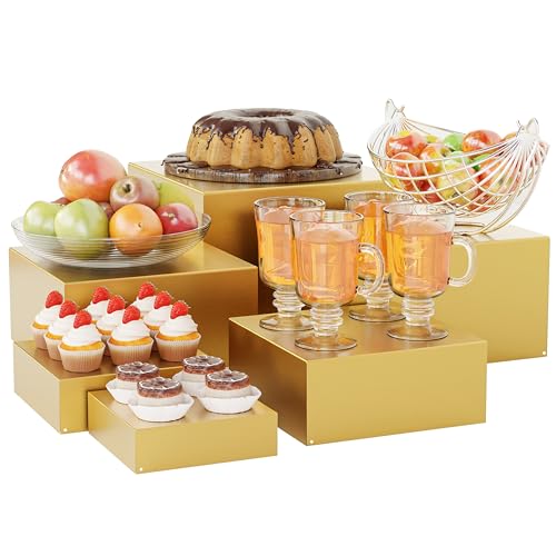 ihomecooker Metal Buffet Risers 6PCS Food Risers for Buffet Table 5in to 10in Display Stand for Catering Dessert Gold(Mustard Yellow) Cube Boxes Nesting Risers with Hollow Bottoms