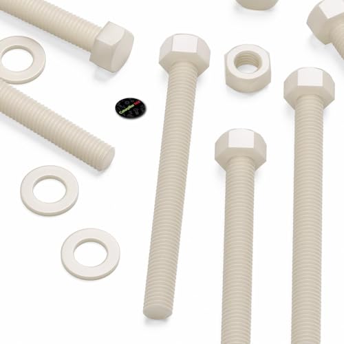 Image of 10 x Natural Colour Nylon, Hex Head, M10 x 100 mm, Plastic Nuts and Bolts, Washers, Hexagon, Nylon, (25 /64 x 3 15 /16 in)