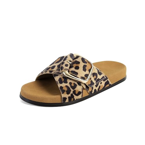 Image of Flat Sandals for Women Cross Buckle Straps Slides Slip-On Comfortable Summer Vacation Beach Sandals