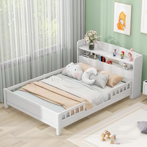 TRIPLE TREE Modern Full Size Platform Bed,Wood Bed Frame with Built-in LED Light,Storage Headboard and Guardrail,Full Bed for Children Girls Boys,No Box Spring Needed,White Cover