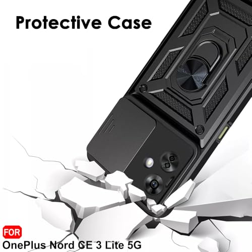 Image of TheGiftKart Tough Armor Bumper Back Cover Case for OnePlus Nord CE 3 Lite 5G | Ring Holder & Kickstand in-Built | 360 Degree Protection Back Cover Case (PC & TPU, Sliding Camera Cover, Black)