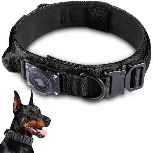 JIARUI Taktisches Hundehalsband mit Griff, Wasserdichter Airtag Hundehalsband, Dickes Verstellbares Halsband Hund mit Gepolstert, Metallschnalle für Mittlere Große Hunde (Schwarz, L(18'-23'))