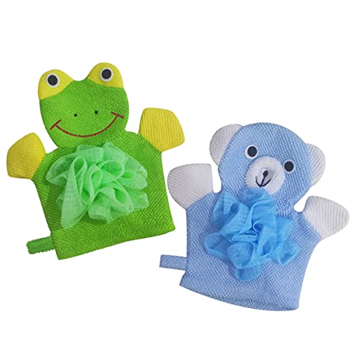 Image of Kids Bath Gloves Loofah for Kids 2 Pack Glove Body Scrubber for Shower Animal Body Wash Gloves, Easy to Lather (Bear Frog)